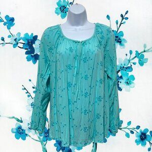 NorthCrest-Women's XL Pullover Rayon Top Teal Blue Long Sleeve Tie Neckline